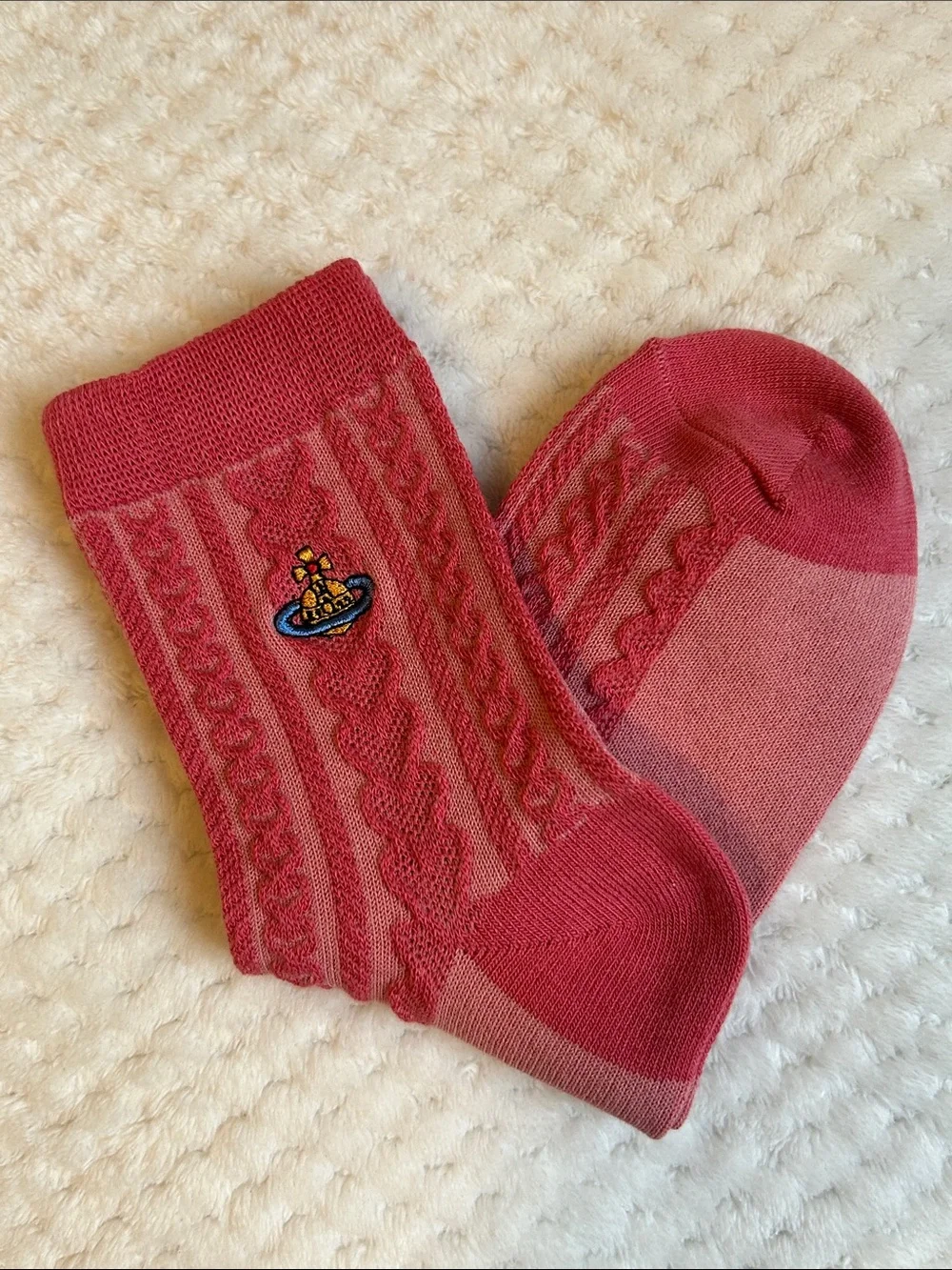 NWOT Vivienne Westwood Unisex Cable Knit Crew SockS With Orb Logo - Rose Pink